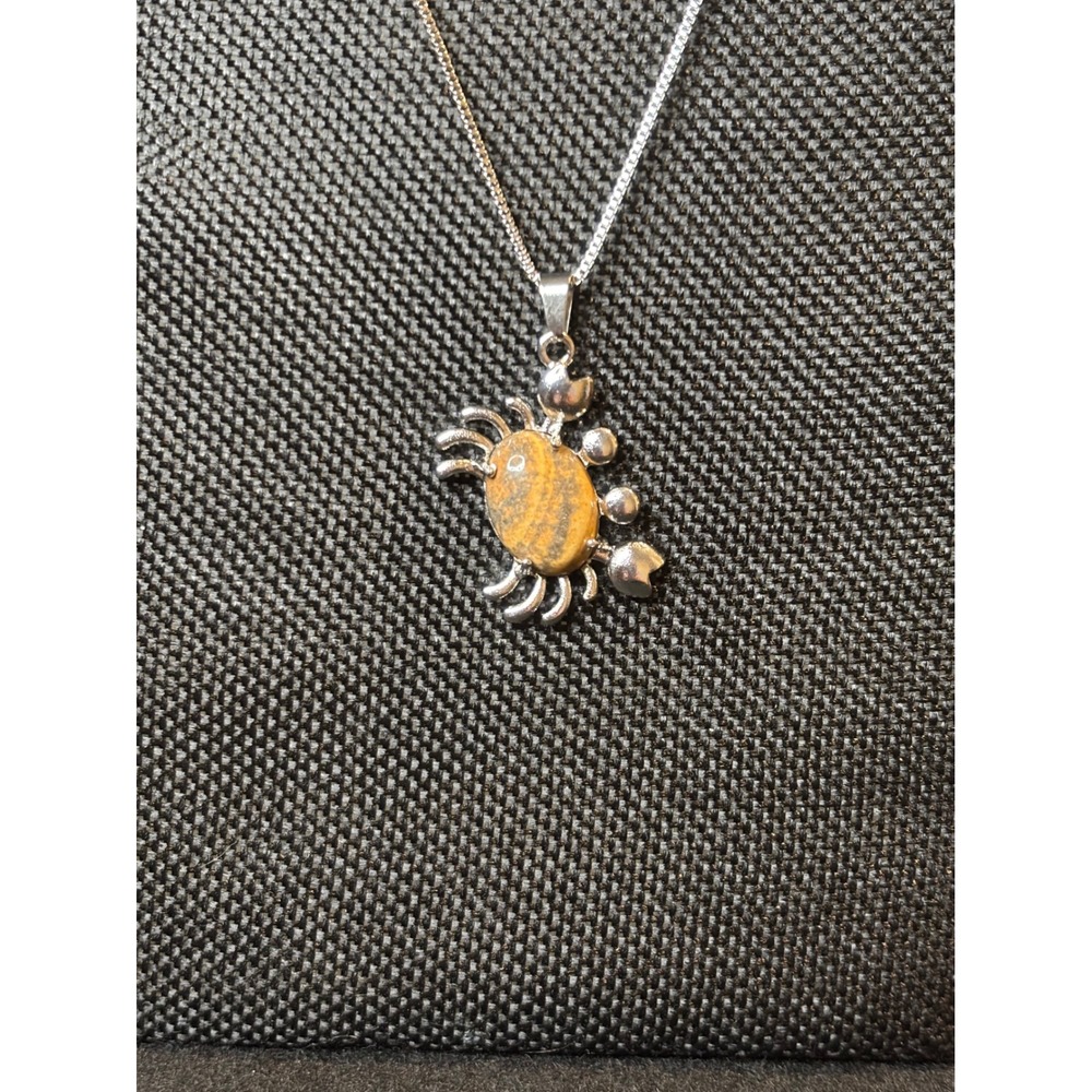 Silver Tone Stainless Steel Crab Pendant Necklace Yellow Jasper Stone 22 Inch